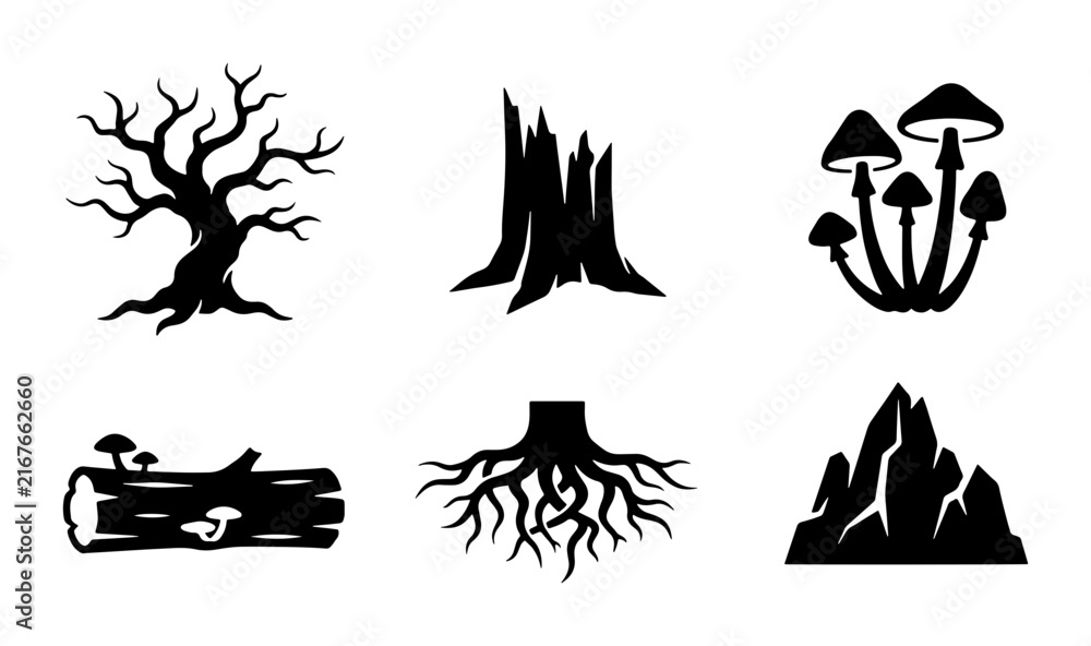 Fototapeta premium Forest Elements Icons: Tree, Stump, Mushrooms, Log, Roots, Mountain Vector Set