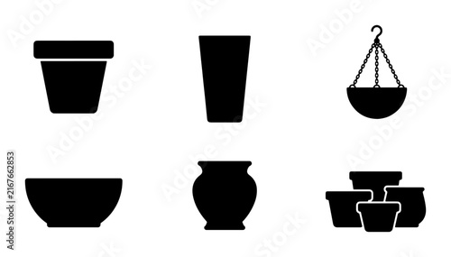 Plant Pot Icons Set, Garden Container Silhouettes, Ceramic Vase Vector Graphics