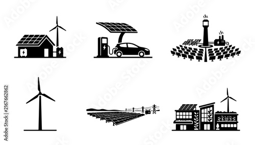 Sustainable Energy Icons: Solar, Wind Power, Electric Car Charging, Eco Buildings