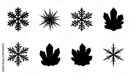 Winter Snowflake and Crystal Icons, Set of 8 Vector Graphics, Frozen Nature Elements