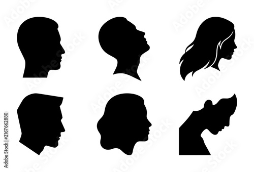 Diverse Human Head Silhouettes, Male and Female Profiles, Graphic Icons for Identity and Communication