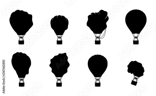 Hot Air Balloon Silhouettes, Adventure Travel Icons, Set of 8 Black Vector Graphics