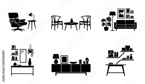 Modern Interior Design Icons, Minimalist Furniture Silhouettes, Home Decor Vector Set