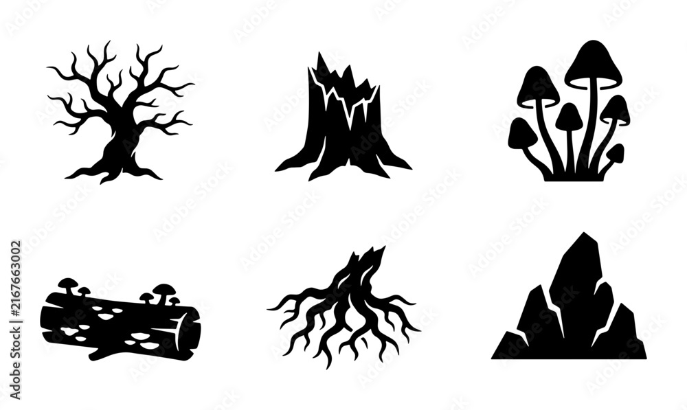 Fototapeta premium Forest Elements Vector Icons: Tree, Stump, Mushrooms, Log, Roots, Rocks