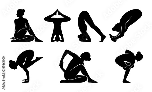 Yoga Poses Silhouette Collection, 7 Asanas for Wellness and Flexibility, Black and White Vector Art