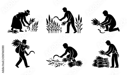 Foto Harvesting Wheat Silhouettes, Agricultural Workers with Sickles, Rural Farming S