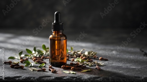 Amber glass dropper bottle with clove essential oil on dark stone background with herbs.