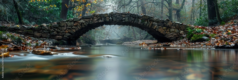 Fototapeta premium Medieval packhorse bridge with a single arch over a river, featuring elements from a 14th-century structure and constructed in 1619
