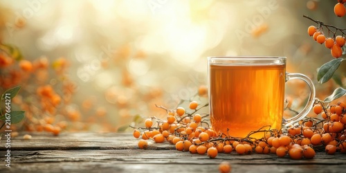 Sea-buckthorn berry tea with honey and a sprig on a wooden surface