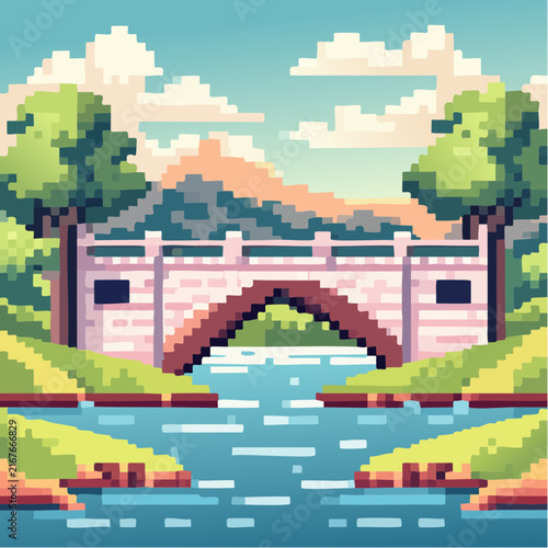 Pont en briques rouge en pixel art au‑dessus d’une rivière