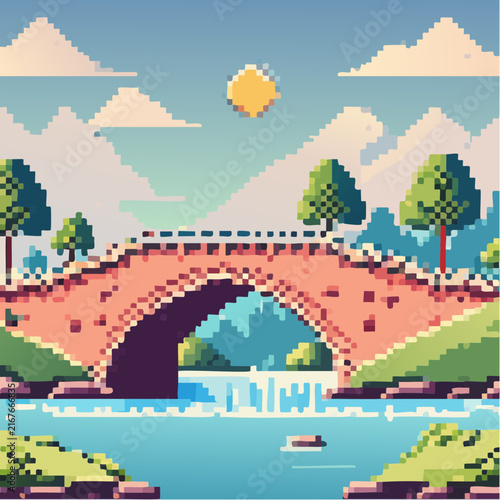 Pont en briques rouge en pixel art au‑dessus d’une rivière