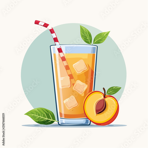 Thé glacé à la pêche dans un verre avec morceaux de fruits