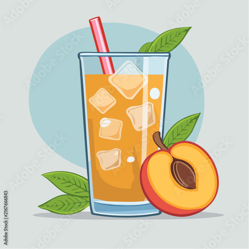Thé glacé à la pêche dans un verre avec morceaux de fruits