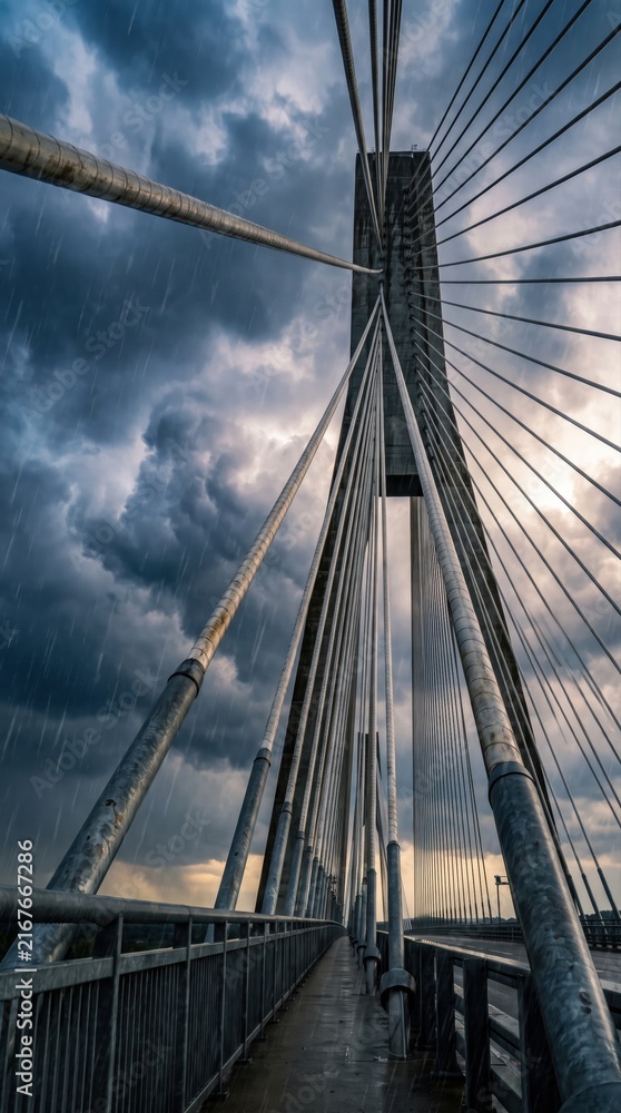 Fototapeta premium Low angle view of cable stayed bridge tower with dramatic storm clouds and steel cables