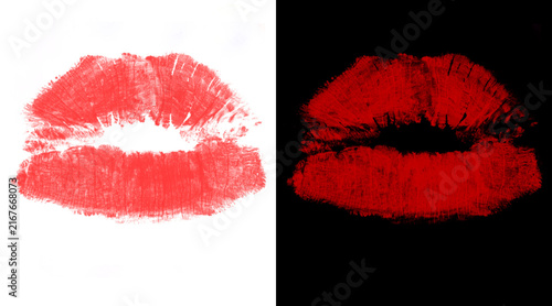 Fotografía Red lipstick kiss mark illustration, textured lip print on white and black backg