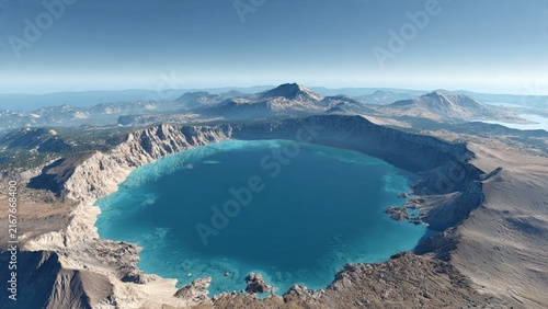 Aerial view of a turquoise crater lake inside a volcanic caldera with turquoise landscape mountain geographic environment outdoors formation