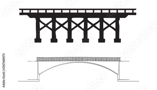 Vintage bridge silhouette set featuring truss and stone arch designs for historical art projects.