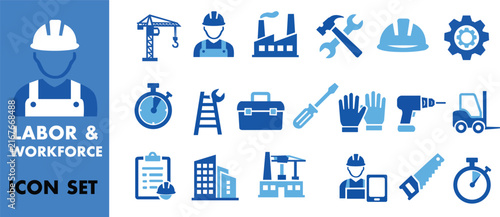 A collection of blue labor and workforce flat icons depicting construction and industrial themes worker industry blueprint toolbox helmet wrench gear crane factory building screwdriver