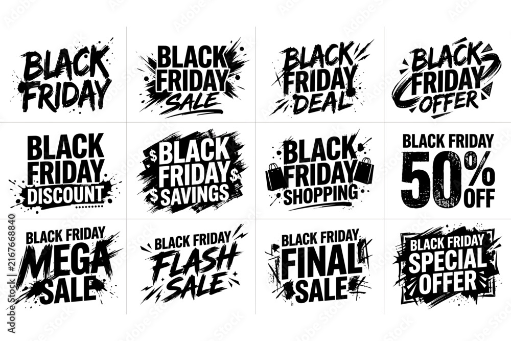 Obraz premium Collection of Black Friday sale banners and promotional text designs in a grunge style