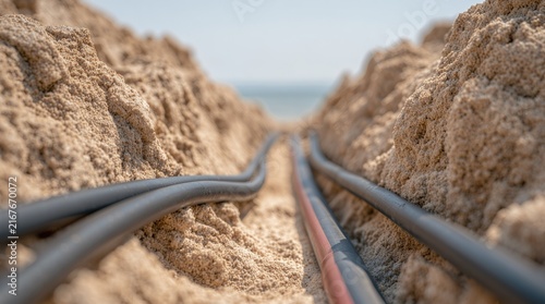 Utility installation, underground electrical cables are laid in a sandy trench for power distribution, infrastructure development and grid connection.