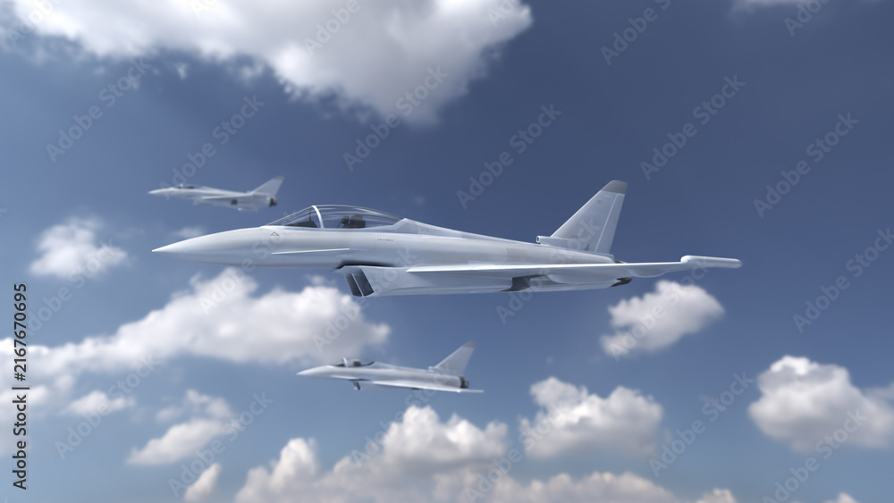 Fototapeta premium Three fighter jets flying in formation through a partly cloudy sky, with the central jet shown in side profile.