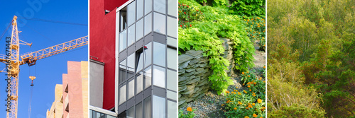 Urban construction vs natural green landscape collage, city building and forest banner
