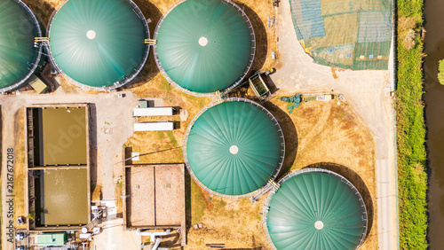 Photography Aerial drone view looking straight down at some anaerobic digester tanks at a water treatment facility