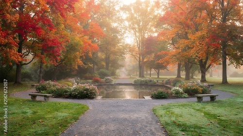 Scenic morning scene highlighting vibrant fall foliage trees in a tranquil public garden autumn trees fall foliage morning sunlight autumn park seasonal garden golden leaves orange foliage tranquil
