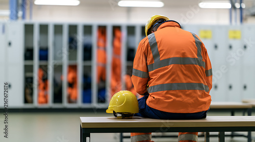 A frustrated construction worker in high visibility jacket sitting alone in a locker room with hard hat on bench feeling stress and burden