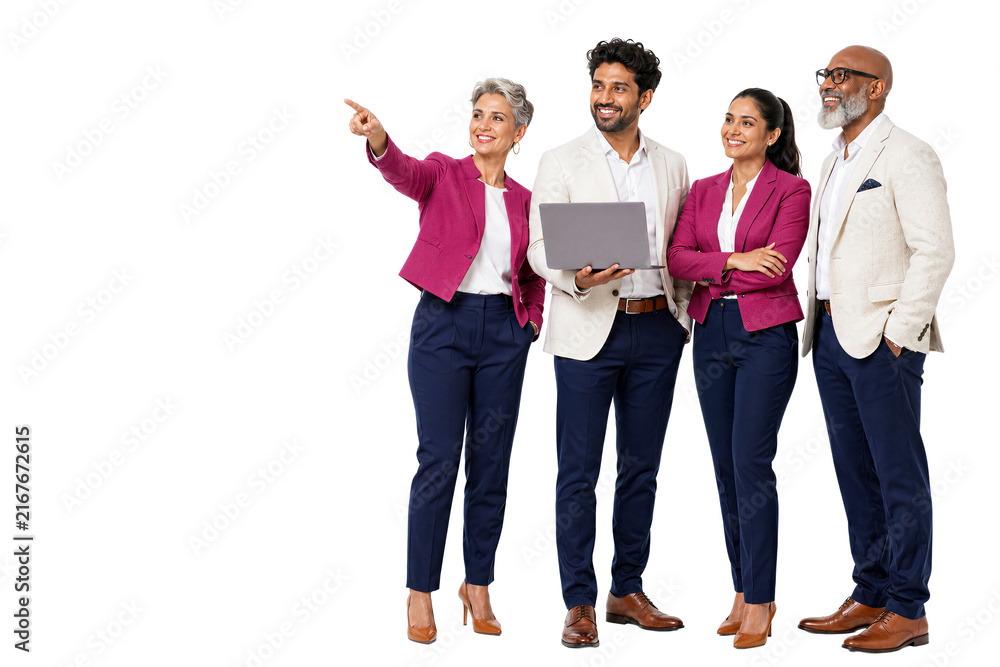 Fototapeta premium Four business professionals standing together looking at camera. Teamwork, collaboration, corporate meeting, office environment.