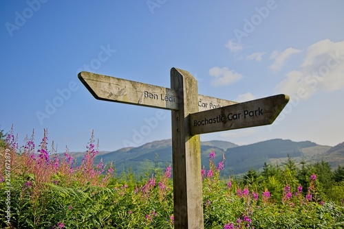 Hiking way marker trail post for Ben Ledi, Callander, Loch Lomond National Park, Scotland