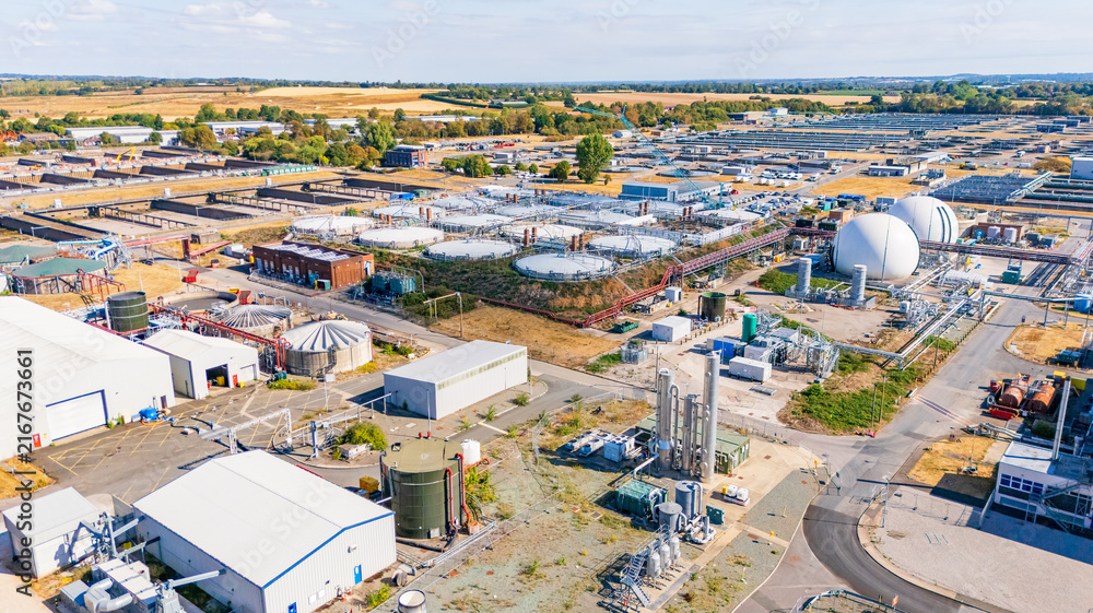 Fototapeta premium Aerial view of a large scale waste water treatment plant showing the size of the facility in Minworth, UK