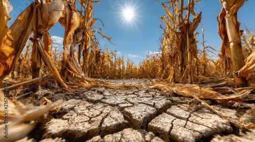 Crop farming. Drought damages a corn field as cracked dry soil and withered plants show water shortage, crop stress and agricultural production risk.