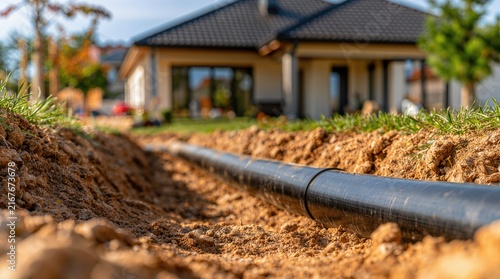 Utility installation, underground pipeline is laid in a trench beside a residential house for water, drainage or sewer infrastructure.