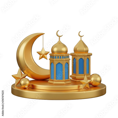 Golden ramadan crescent moon and lanterns with stars on a pedestal isolated on transparent background