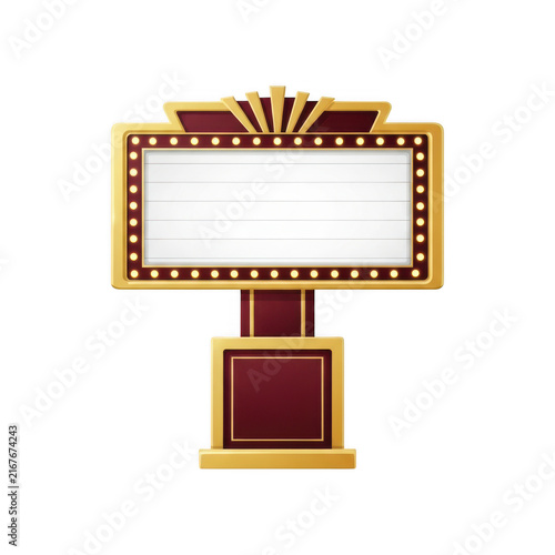 Vintage cinema marquee sign with gold and red frame isolated on transparent background
