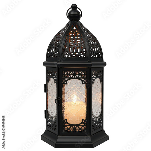 Black metal lantern with burning candle inside isolated on transparent background