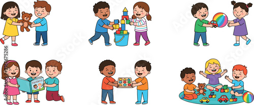 Kids sharing toys set children playing together blocks teddy bear books playroom friends vector graphic illustration collection