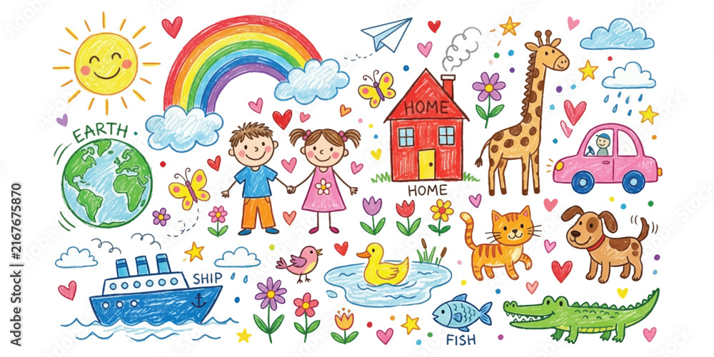 Fototapeta premium Kids Crayon Drawing Icon Set with Cute Animals and Nature Elements