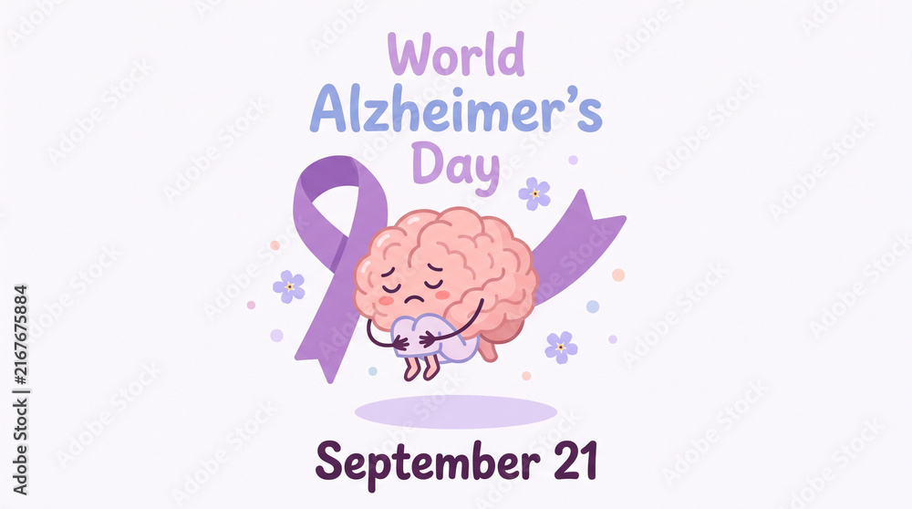Fototapeta premium World Alzheimer's Day illustration with purple ribbon, brain character, and September 21 date for awareness campaign