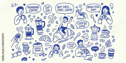 Coffee Lover Hand Drawn Doodle Set with People and Coffee Cups