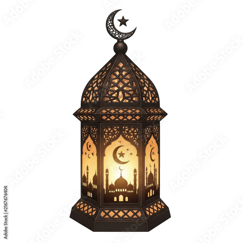 Decorative ramadan lantern with glowing light isolated on white background isolated on transparent background