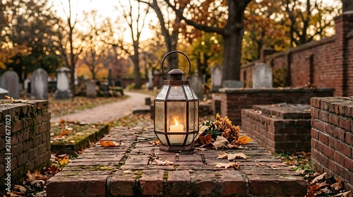 Lantern with lit candle on brick grave in autumn cemetery