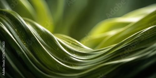 Abstract artwork showcases a glossy, wrinkled texture with flowing lines, reminiscent of fluid or textile, shifting from deep to light green tones