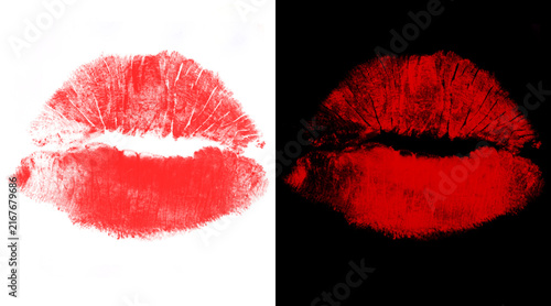 Bild auf Leinwand Red lipstick kiss mark illustration, textured lip print on white and black backg
