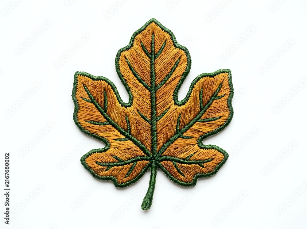 Fototapeta premium Embroidered maple leaf patch with golden yellow and green thread