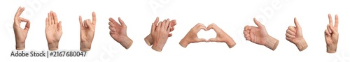 Foto Set of various human hand gestures isolated on a white background