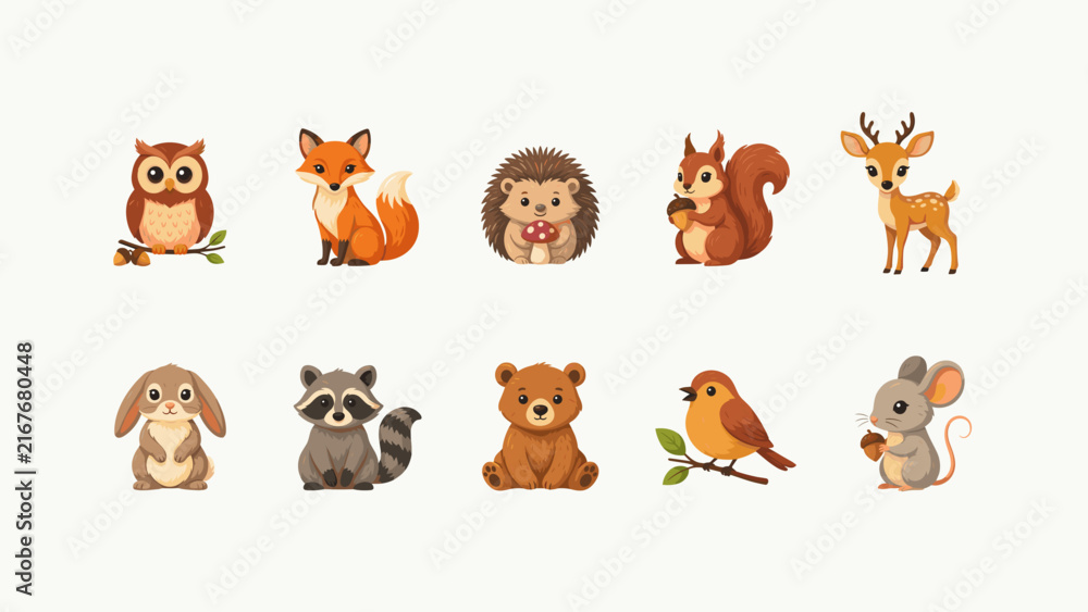 Fototapeta premium Autumn wildlife and forest animal vector icons - Perfect for environmental education materials, nature blogs, or autumn wildlife conservation graphics.