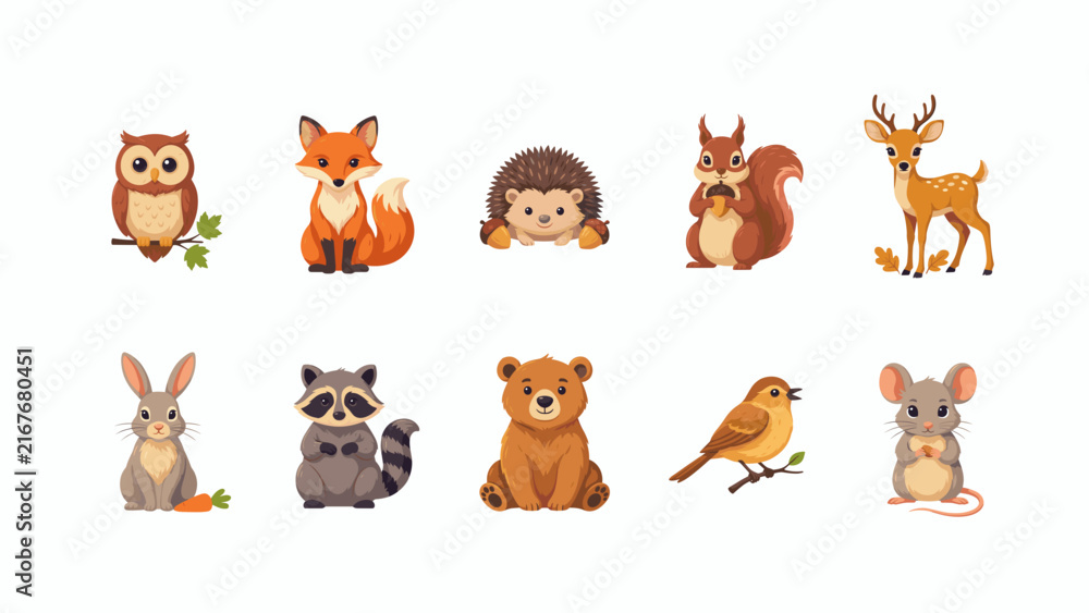Obraz premium Fall woodland wildlife vector icon collection - Suitable for seasonal outdoor guides, children nature books, or forest park promotional flyers.