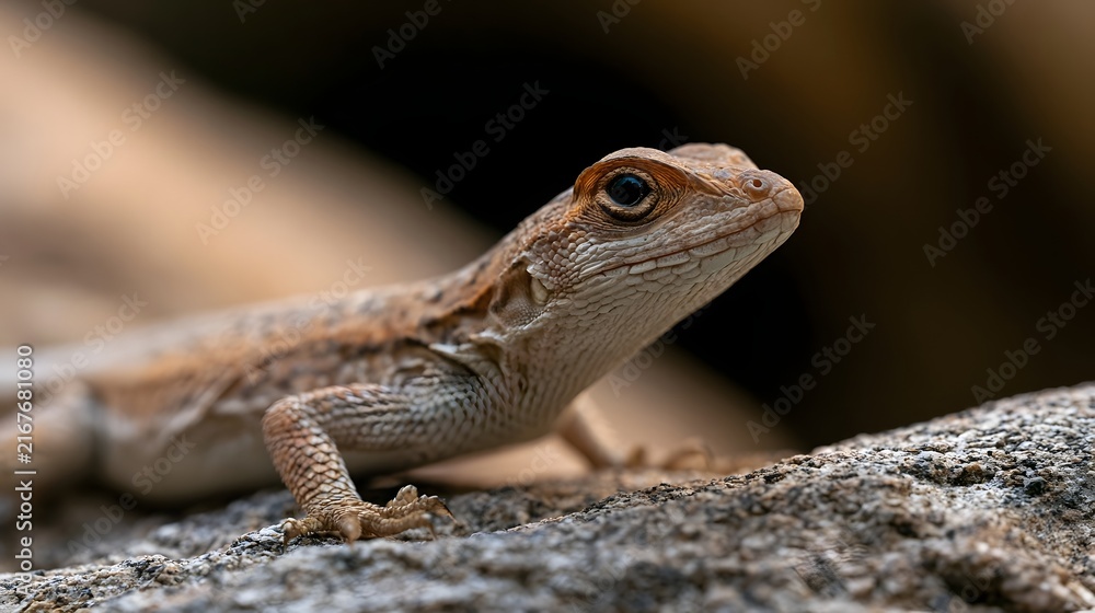 Fototapeta premium A close up of a lizard resting on textured rock with soft background lighting and detailed scales